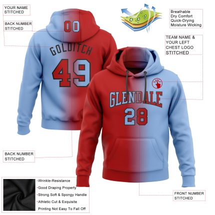 Custom Team Name Number Hoodie Sports Pullover Sweatshirt Light Blue Red Black Gradient Fashion Stitched Personalized Stitched