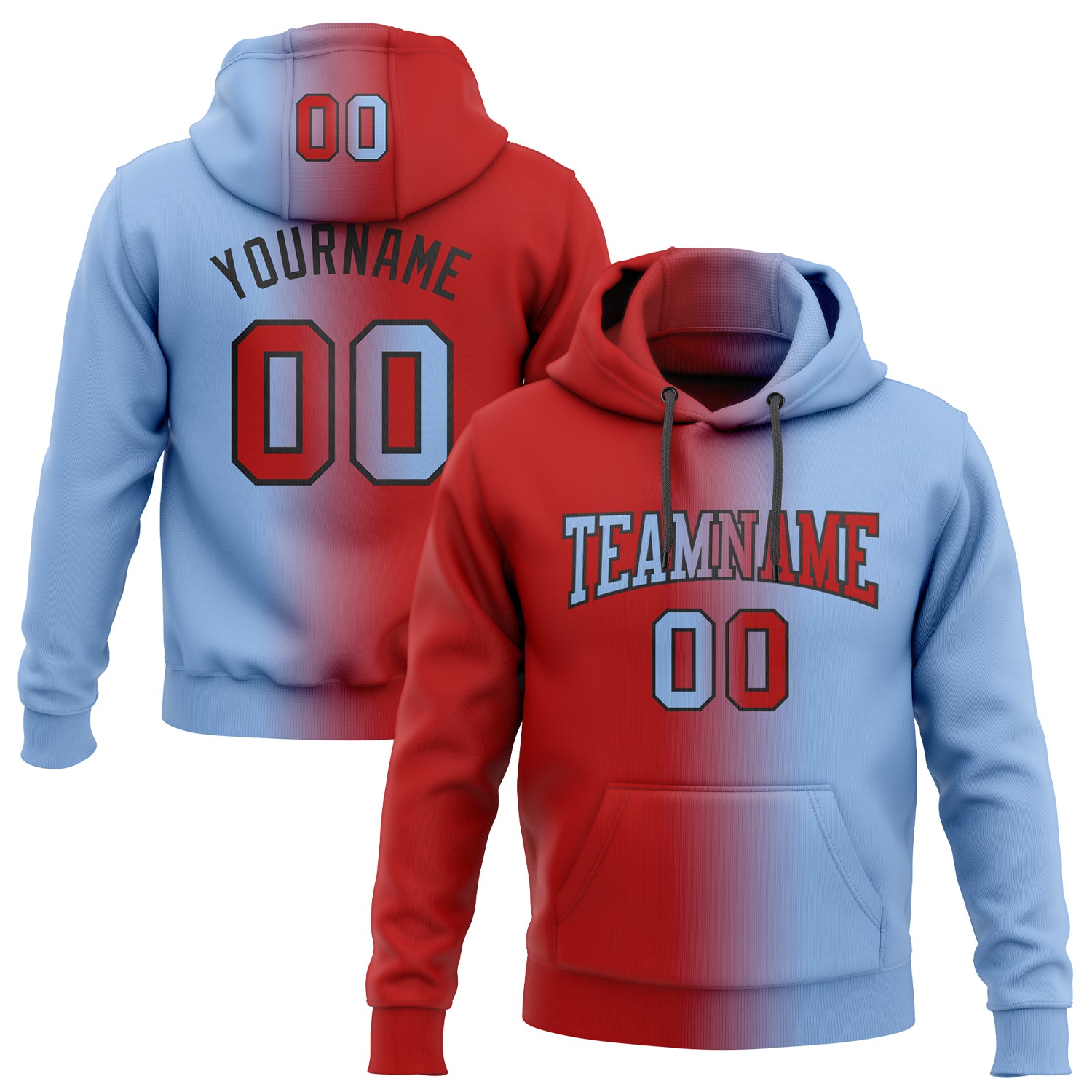 Custom Team Name Number Hoodie Sports Pullover Sweatshirt Light Blue Red Black Gradient Fashion Stitched Personalized Stitched