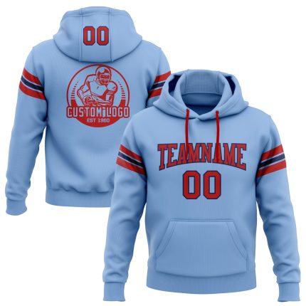 Custom Team Football Hoodie Personalized Light Blue Red-Navy Sweatshirt with Name and Number Personalized Stitched Light