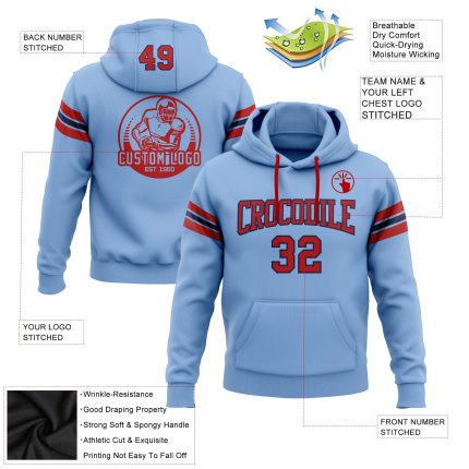 Custom Team Football Hoodie Personalized Light Blue Red-Navy Sweatshirt with Name and Number Personalized Stitched Light