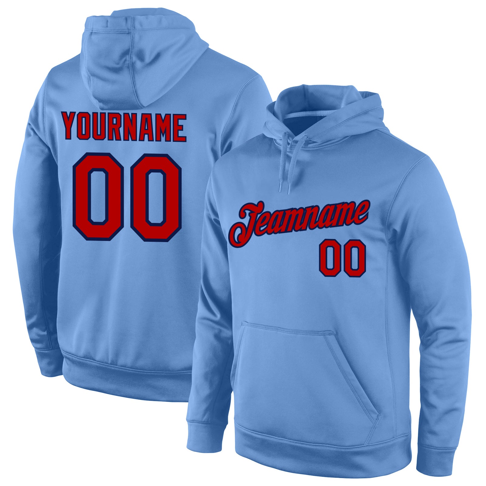 Custom Team Hoodie with Personalized Name & Number - Light Blue Red-Navy Stitched Sports Pullover Sweatshirt Personalized