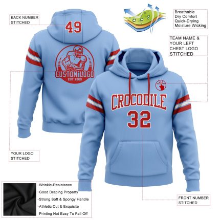 Customizable Team Hoodie with Personalized Name and Number - Light Blue Red-White Football Pullover Sweatshirt Personalized