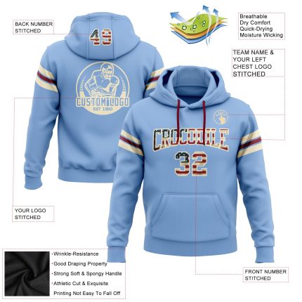 Custom Light Blue Vintage USA Flag Hoodie Sweatshirt with Personalized Name and Number - Cream-Crimson Football Pullover