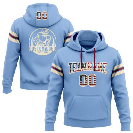 Custom Light Blue Vintage USA Flag Hoodie Sweatshirt with Personalized Name and Number - Cream-Crimson Football Pullover