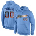 Custom Light Blue Vintage USA Flag Sports Hoodie with Personalized Name and Number - Pullover Sweatshirt Personalized Stitched