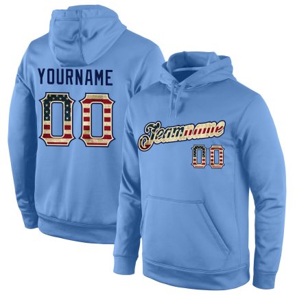 Custom Light Blue Vintage USA Flag Sports Hoodie with Personalized Name and Number - Pullover Sweatshirt Personalized Stitched