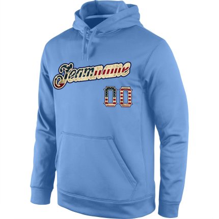Custom Light Blue Vintage USA Flag Sports Hoodie with Personalized Name and Number - Pullover Sweatshirt Personalized Stitched