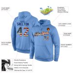 Custom Light Blue Vintage USA Flag Sports Hoodie with Personalized Name and Number - Pullover Sweatshirt Personalized Stitched