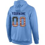 Custom Light Blue Vintage USA Flag Sports Hoodie with Personalized Name and Number - Pullover Sweatshirt Personalized Stitched