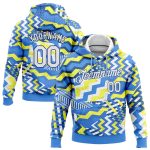 Custom Name and Number Sports Hoodie - Light Blue White Gold-Royal 3D Pattern Pullover Sweatshirt Personalized Stitched Light