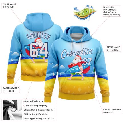 Custom Name Number 3D Tropical Surfing Santa Hoodie - Light Blue White Gold-Royal Pullover Sweatshirt Personalized Stitched