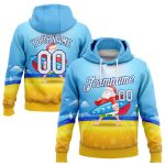Custom Name Number 3D Tropical Surfing Santa Hoodie - Light Blue White Gold-Royal Pullover Sweatshirt Personalized Stitched