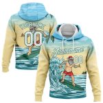 Custom 3D Tropical Surfing Santa Sweatshirt Hoodie, Light Blue White Kelly Green-Gold, Personalized with Team Name and Number