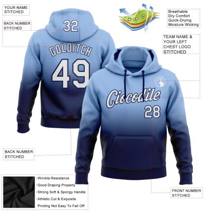 Custom Name and Number Sports Hoodie - Personalized Light Blue and Navy Fade Stitched Pullover Sweatshirt Personalized Stitched