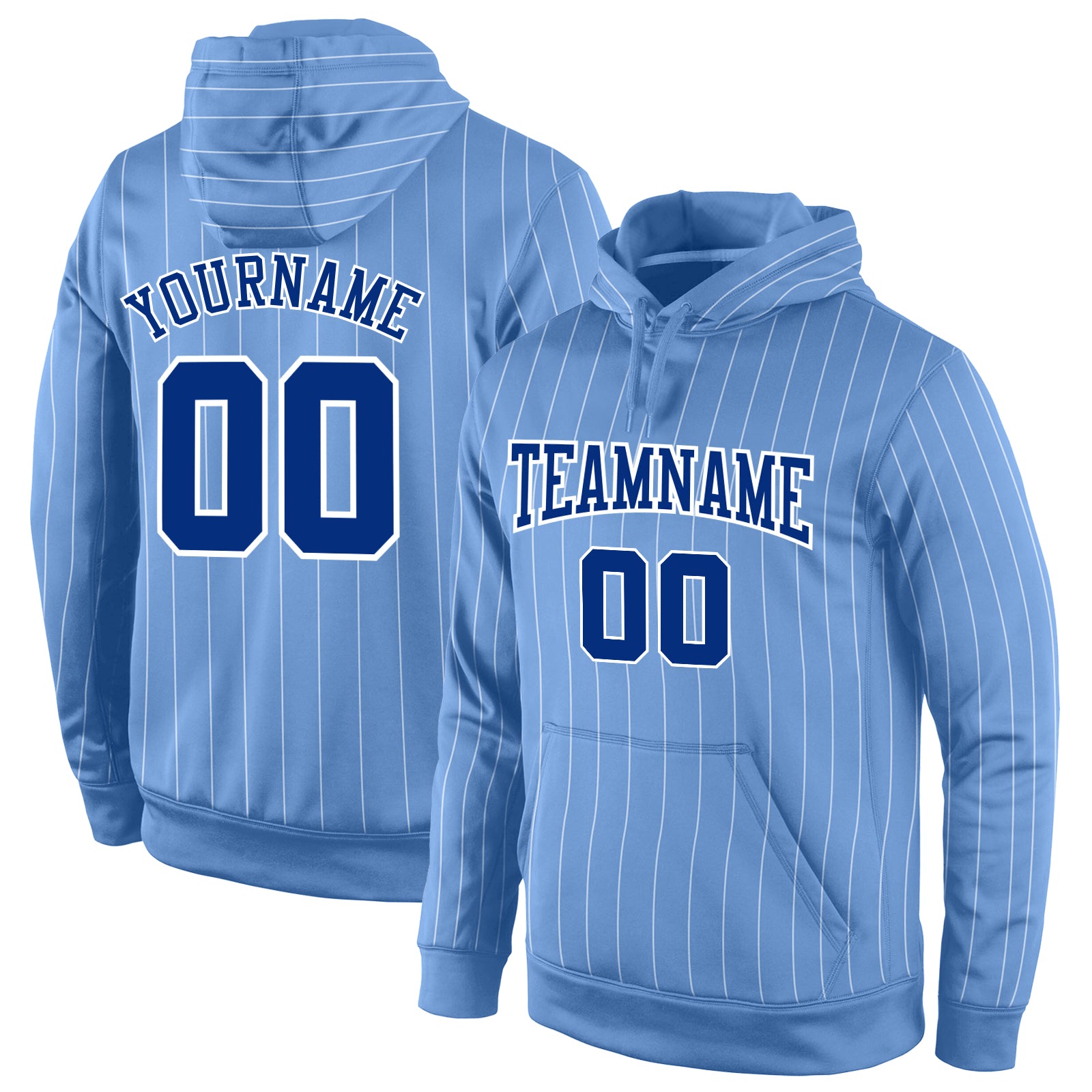 Custom Light Blue White Pinstripe Sports Hoodie with Name & Number - Stitched Royal-White Pullover Sweatshirt Personalized