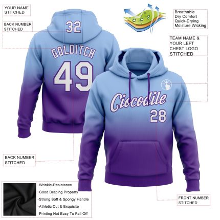 Custom Name Number Sports Hoodie Light Blue White Purple Fade Pullover Sweatshirt Fashion Personalized Stitched Light Blue