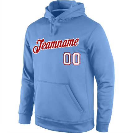 Personalized Light Blue Red White Sports Hoodie Sweatshirt Pullover for Men Personalized Stitched Light Blue White-Red Sports