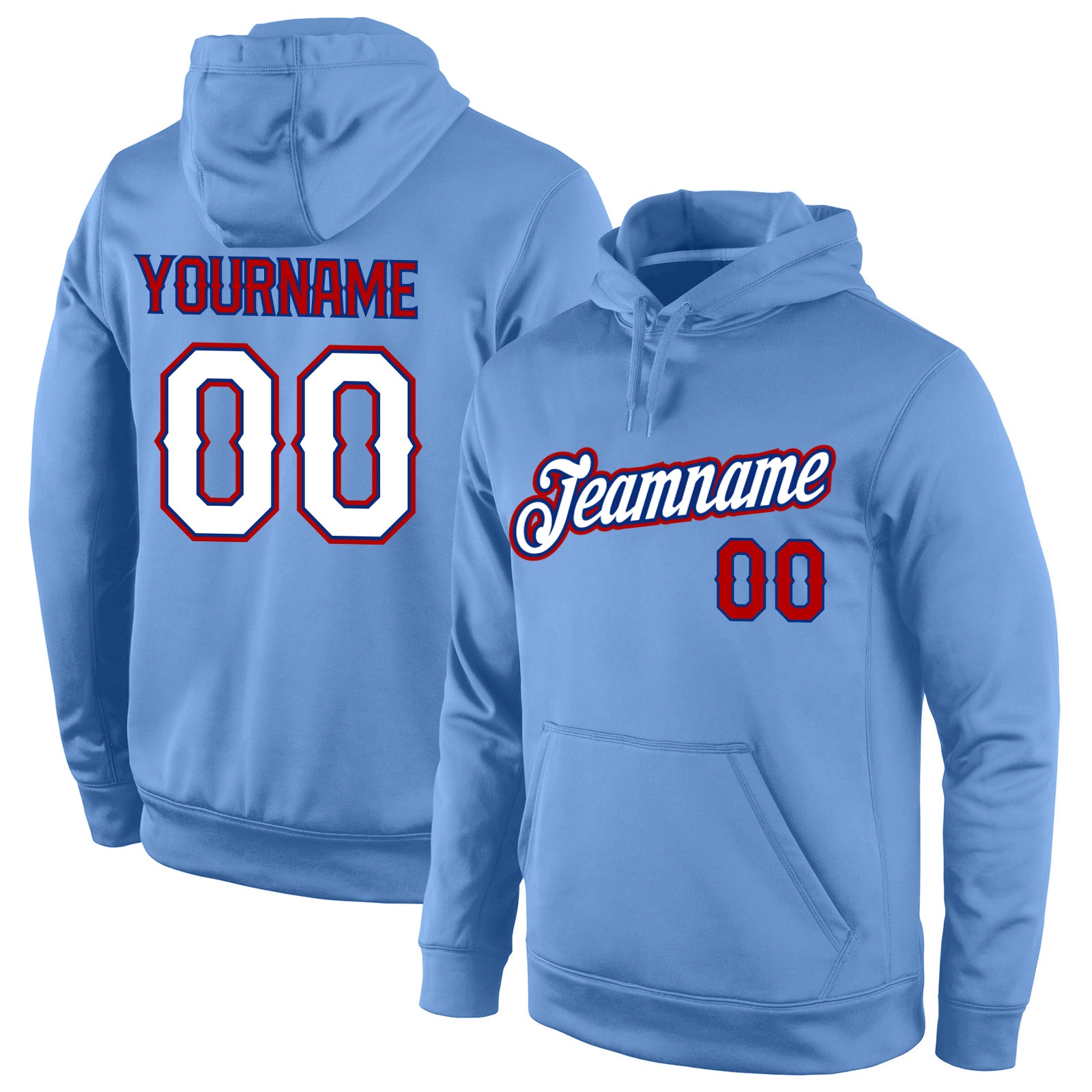 Custom Name Number Sports Hoodie Light Blue White Red Pullover Sweatshirt - Personalized Team Apparel Personalized Stitched
