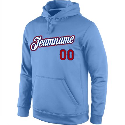 Custom Name Number Sports Hoodie Light Blue White Red Pullover Sweatshirt - Personalized Team Apparel Personalized Stitched