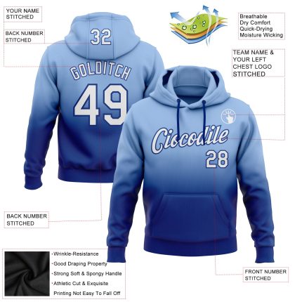 Personalized Light Blue White-Royal Fade Hoodie | Fashion Sports Pullover Sweatshirt Personalized Stitched Light Blue White-Royal