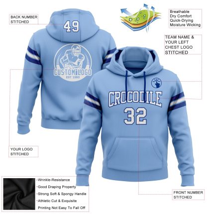 Custom Name Number Football Hoodie Light Blue White-Royal Stitched Pullover Sweatshirt Personalized Stitched Light Blue White-Royal