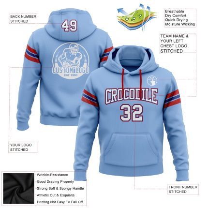 Custom Team Name Number Hoodie Sweatshirt Light Blue White Royal-Red Stitched Football Pullover Personalized Stitched Light