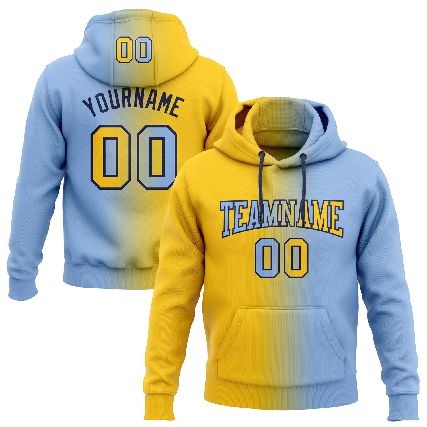Custom Name Number Sports Hoodie Pullover in Light Blue Yellow-Navy Gradient Fashion Design - Personalized Stitched Sweatshirt
