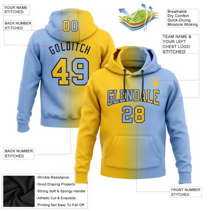 Custom Name Number Sports Hoodie Pullover in Light Blue Yellow-Navy Gradient Fashion Design - Personalized Stitched Sweatshirt