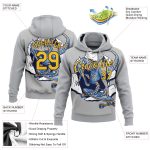 Custom Dinosaur Sports Hoodie - Personalized Light Gray Yellow-Navy 3D Pullover Sweatshirt with Team Name & Number Personalized
