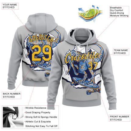 Custom Dinosaur Sports Hoodie - Personalized Light Gray Yellow-Navy 3D Pullover Sweatshirt with Team Name & Number Personalized