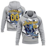 Custom Dinosaur Sports Hoodie - Personalized Light Gray Yellow-Navy 3D Pullover Sweatshirt with Team Name & Number Personalized