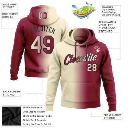 Custom Name Number Sports Hoodie Pullover Sweatshirt - Personalized Maroon Cream-Black Gradient Fashion Team Apparel Personalized