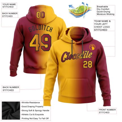 Custom Name and Number Hoodie - Maroon Gold-Black Gradient Fashion Sports Pullover Sweatshirt Personalized Stitched Maroon