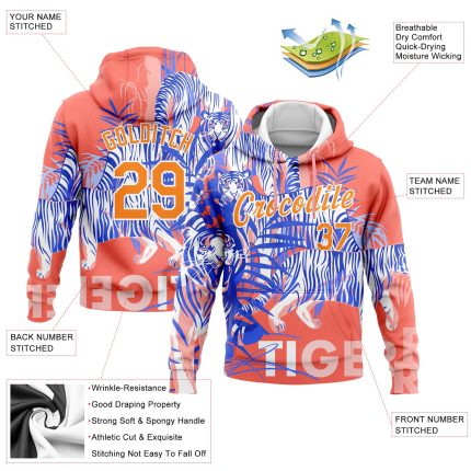 Custom Name and Number Hoodie - Personalized 3D Pink Tiger Sports Sweatshirt with Bay Orange-White Design Personalized Stitched