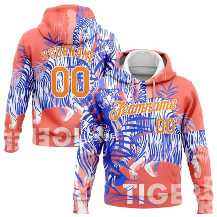 Custom Name and Number Hoodie - Personalized 3D Pink Tiger Sports Sweatshirt with Bay Orange-White Design Personalized Stitched
