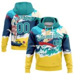 Custom Name Surfing Santa Pullover Hoodie 3D Tropical Christmas Navy Aqua-Gold Sweatshirt Team Sport Holiday Apparel Personalized