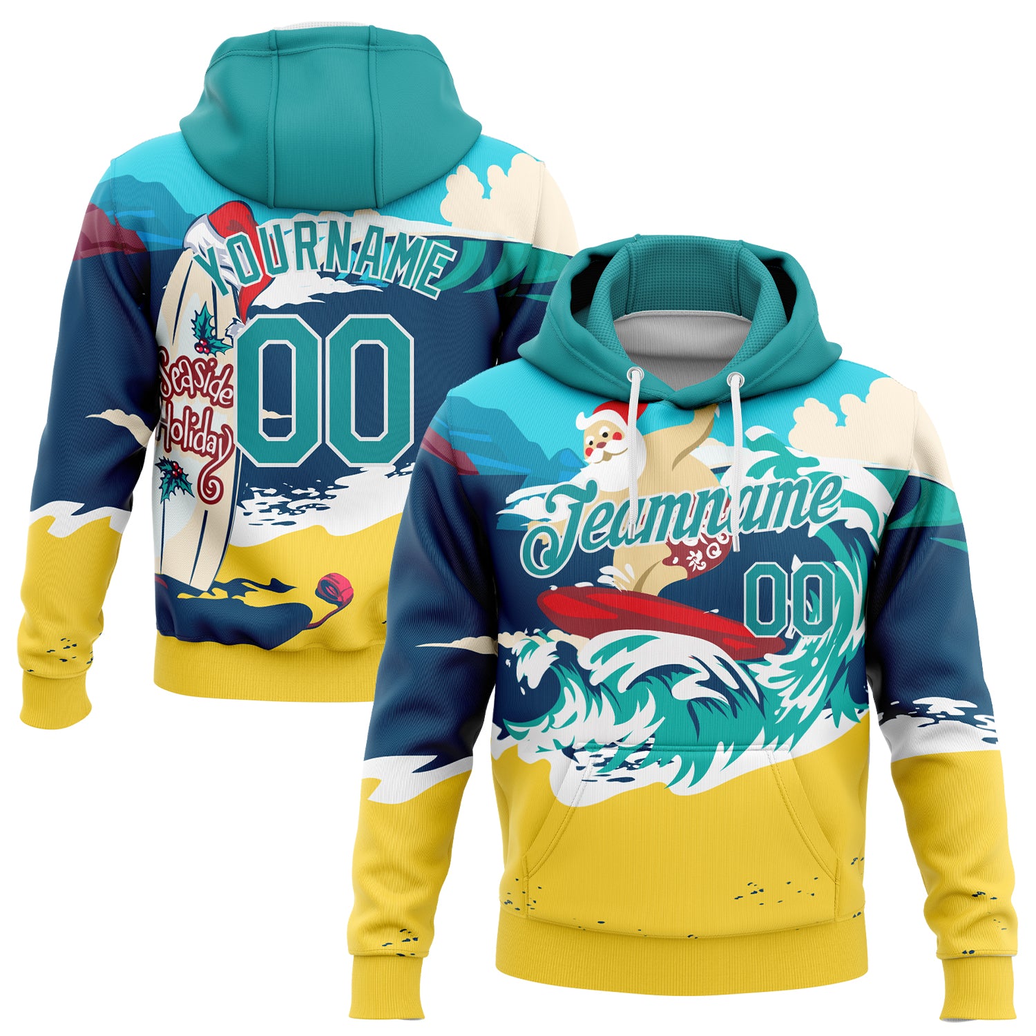 Custom Name Surfing Santa Pullover Hoodie 3D Tropical Christmas Navy Aqua-Gold Sweatshirt Team Sport Holiday Apparel Personalized