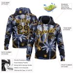 Custom Name & Number Sports Hoodie for Men, Personalized 3D Pattern Design with Elephant & Tropical Palm Tree in Navy Black-Gold