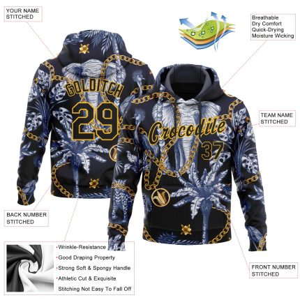 Custom Name & Number Sports Hoodie for Men, Personalized 3D Pattern Design with Elephant & Tropical Palm Tree in Navy Black-Gold