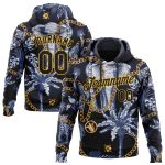 Custom Name & Number Sports Hoodie for Men, Personalized 3D Pattern Design with Elephant & Tropical Palm Tree in Navy Black-Gold