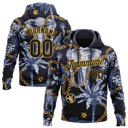 Custom Name & Number Sports Hoodie for Men, Personalized 3D Pattern Design with Elephant & Tropical Palm Tree in Navy Black-Gold