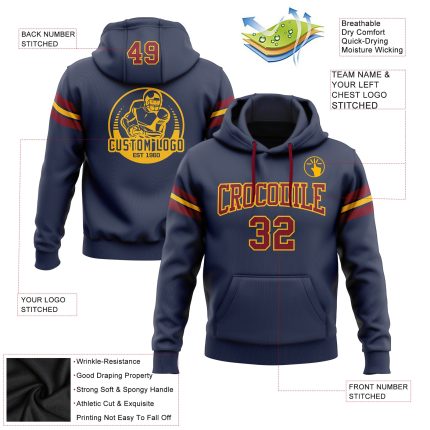 Custom Navy Crimson-Gold Football Hoodie with Stitched Name & Number | Personalized Pullover Sweatshirt Personalized Stitched