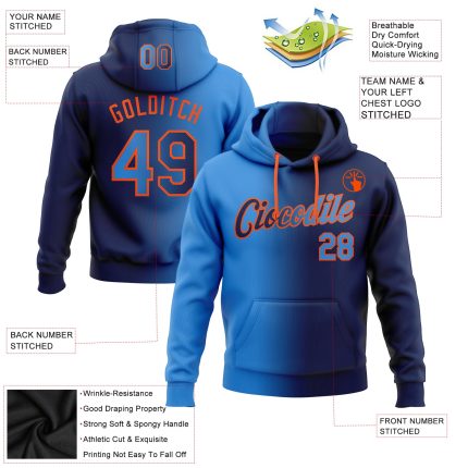 Custom Name and Number Sports Hoodie Sweatshirt - Personalized Navy Electric Blue-Orange Gradient Pullover Personalized Stitched