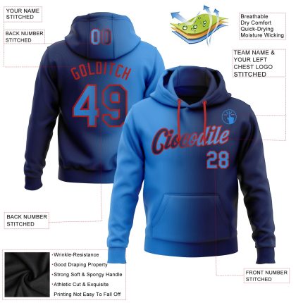 Custom Name Number Hoodie Sweatshirt, Personalized Stitched Navy Electric Blue Red Gradient Fashion Sports Pullover Personalized