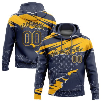 Custom Name and Number Sports Hoodie Sweatshirt - Personalized Navy Gold 3D Torn Paper Design Pullover Personalized Stitched