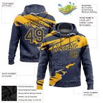 Custom Name and Number Sports Hoodie Sweatshirt - Personalized Navy Gold 3D Torn Paper Design Pullover Personalized Stitched
