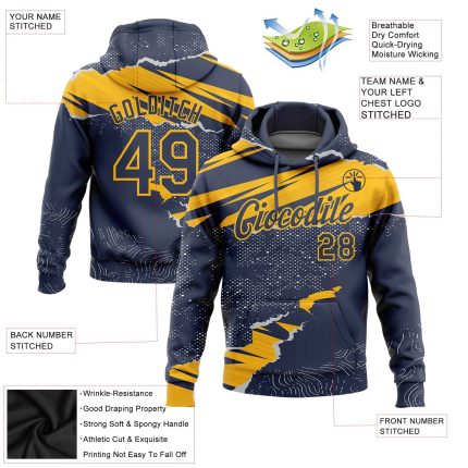 Custom Name and Number Sports Hoodie Sweatshirt - Personalized Navy Gold 3D Torn Paper Design Pullover Personalized Stitched