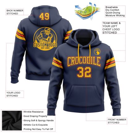 Custom Navy Gold-Orange Football Hoodie with Personalized Name & Number - Stitched Pullover Sweatshirt Personalized Stitched