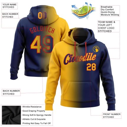 Custom Team Hoodie with Personalized Name & Number - Navy Gold-Red Gradient Sports Pullover Sweatshirt Personalized Stitched