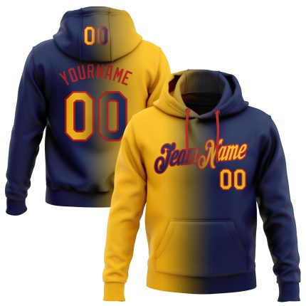 Custom Team Hoodie with Personalized Name & Number - Navy Gold-Red Gradient Sports Pullover Sweatshirt Personalized Stitched